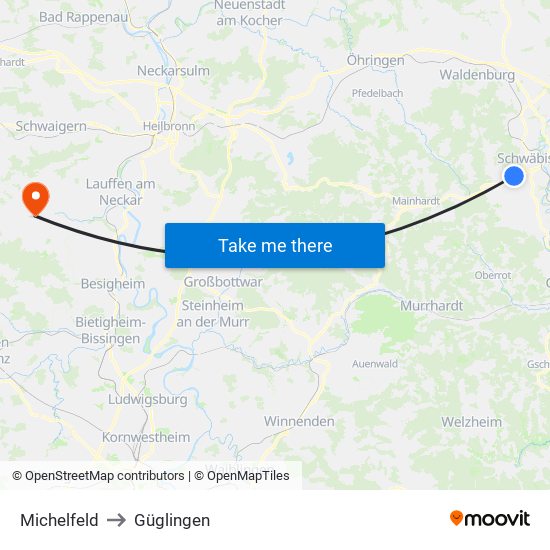 Michelfeld to Güglingen map