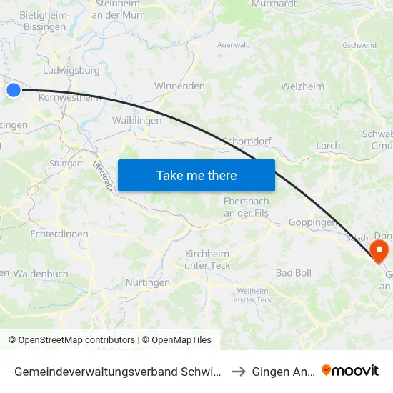 Gemeindeverwaltungsverband Schwieberdingen-Hemmingen to Gingen An Der Fils map
