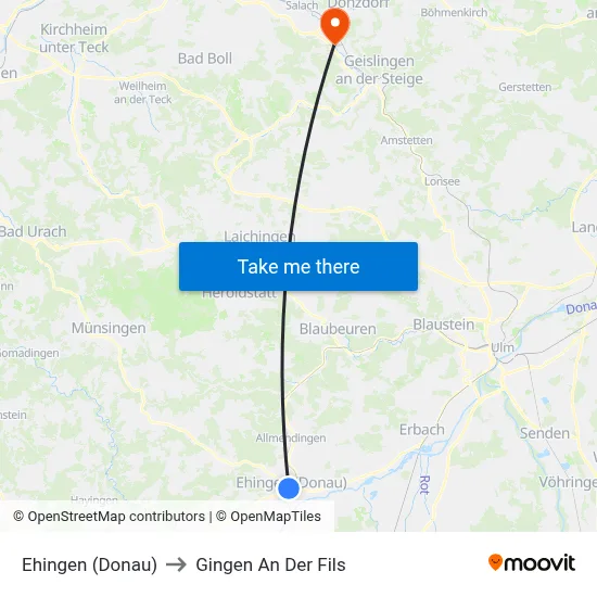 Ehingen (Donau) to Gingen An Der Fils map
