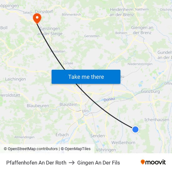 Pfaffenhofen An Der Roth to Gingen An Der Fils map