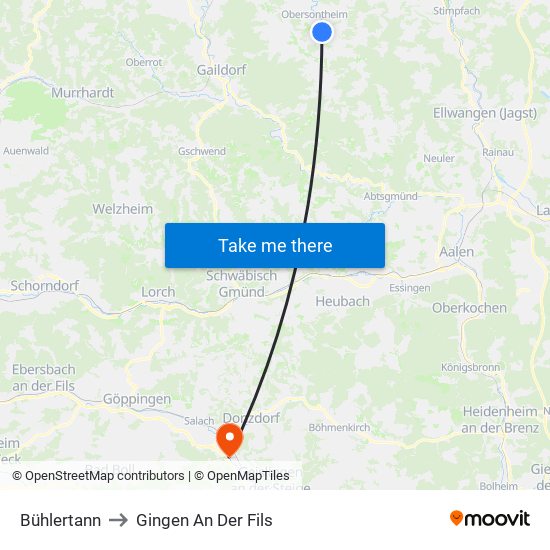Bühlertann to Gingen An Der Fils map