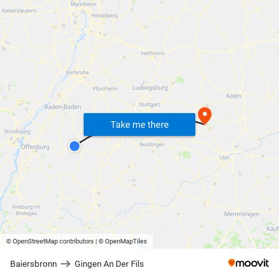 Baiersbronn to Gingen An Der Fils map