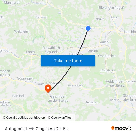Abtsgmünd to Gingen An Der Fils map