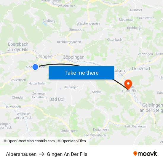 Albershausen to Gingen An Der Fils map
