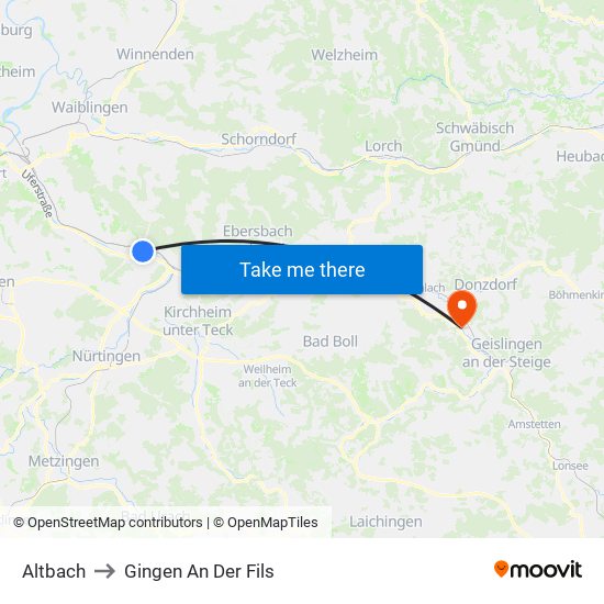 Altbach to Gingen An Der Fils map