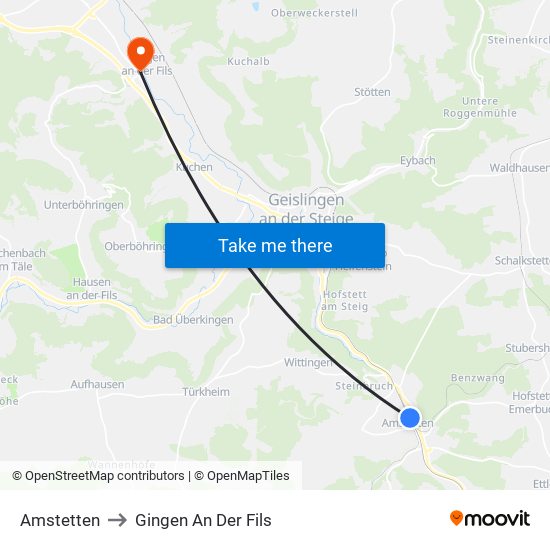 Amstetten to Gingen An Der Fils map