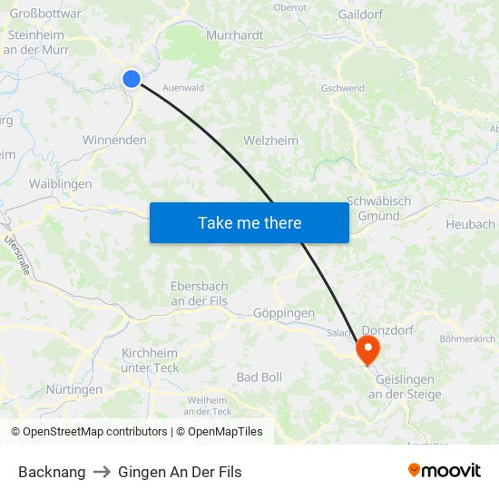 Backnang to Gingen An Der Fils map