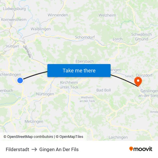 Filderstadt to Gingen An Der Fils map