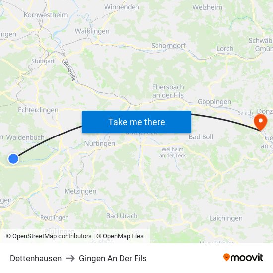Dettenhausen to Gingen An Der Fils map