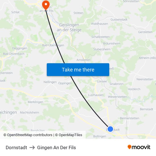 Dornstadt to Gingen An Der Fils map
