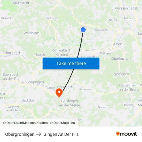 Obergröningen to Gingen An Der Fils map