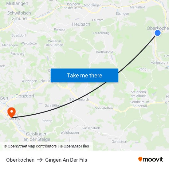 Oberkochen to Gingen An Der Fils map