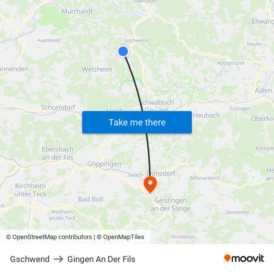 Gschwend to Gingen An Der Fils map