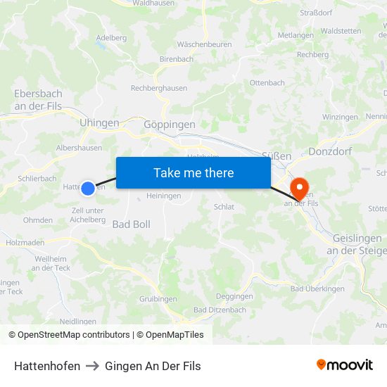 Hattenhofen to Gingen An Der Fils map