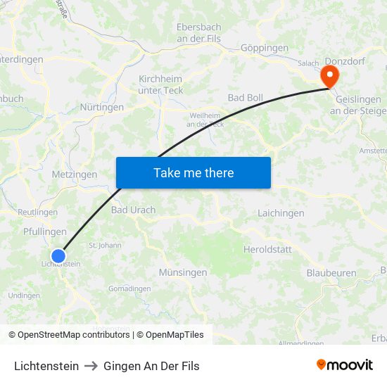 Lichtenstein to Gingen An Der Fils map