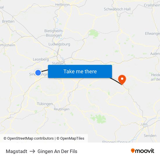 Magstadt to Gingen An Der Fils map