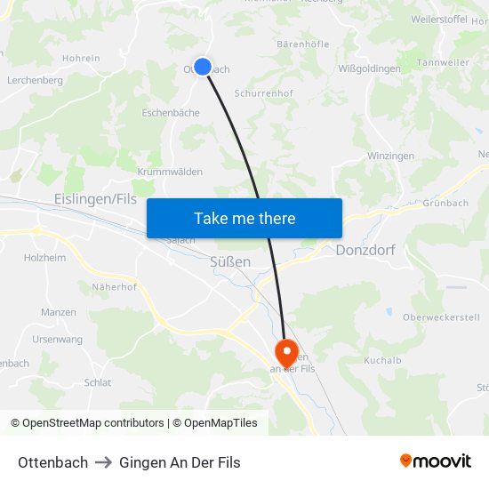 Ottenbach to Gingen An Der Fils map