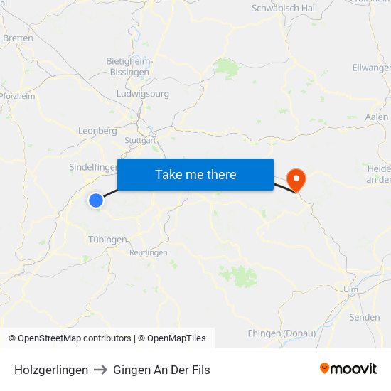 Holzgerlingen to Gingen An Der Fils map