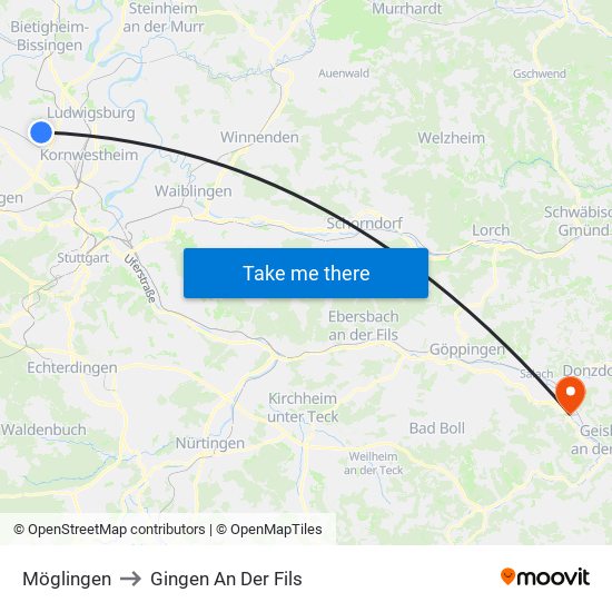 Möglingen to Gingen An Der Fils map