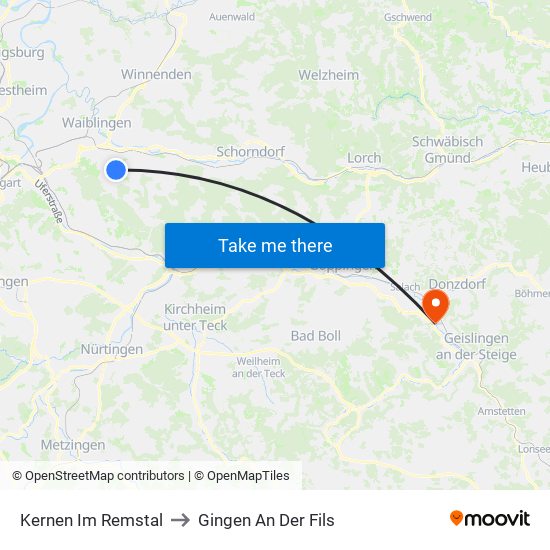 Kernen Im Remstal to Gingen An Der Fils map