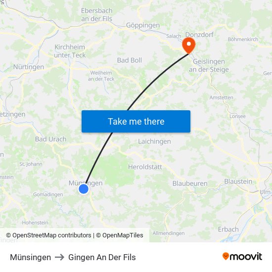 Münsingen to Gingen An Der Fils map