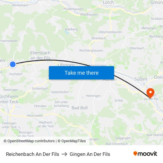 Reichenbach An Der Fils to Gingen An Der Fils map