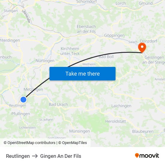 Reutlingen to Gingen An Der Fils map