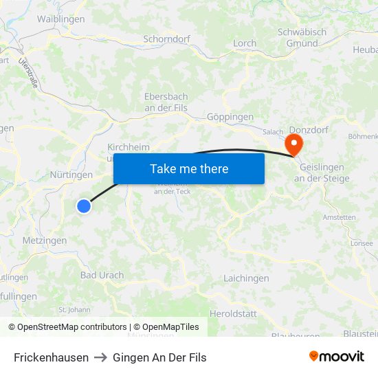 Frickenhausen to Gingen An Der Fils map