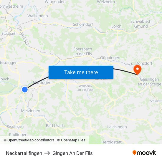 Neckartailfingen to Gingen An Der Fils map