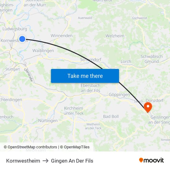 Kornwestheim to Gingen An Der Fils map