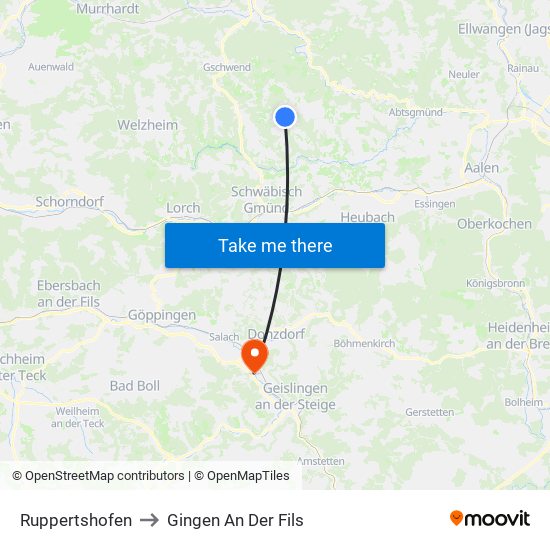 Ruppertshofen to Gingen An Der Fils map