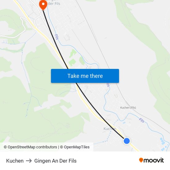 Kuchen to Gingen An Der Fils map