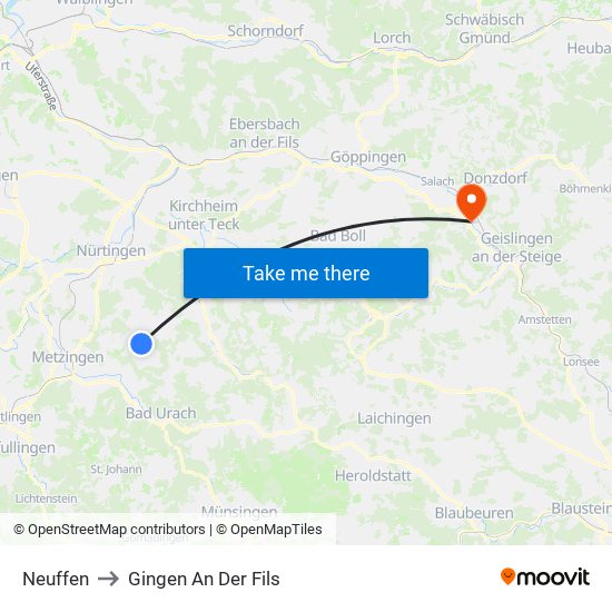 Neuffen to Gingen An Der Fils map