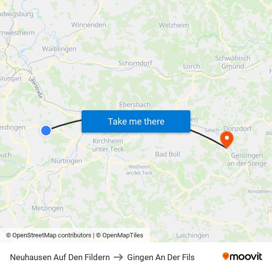Neuhausen Auf Den Fildern to Gingen An Der Fils map