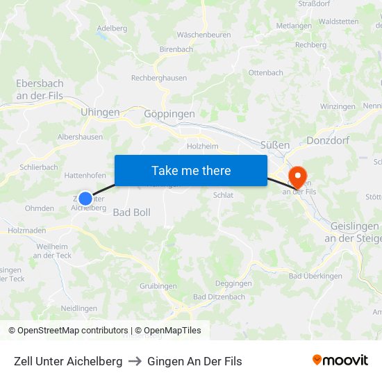 Zell Unter Aichelberg to Gingen An Der Fils map