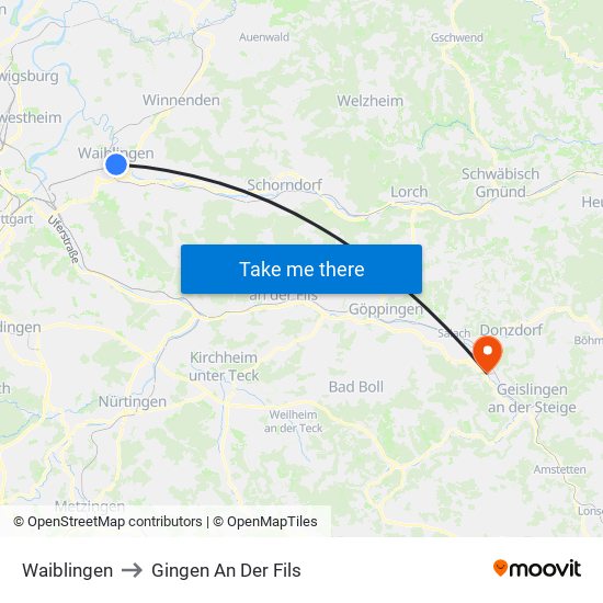 Waiblingen to Gingen An Der Fils map