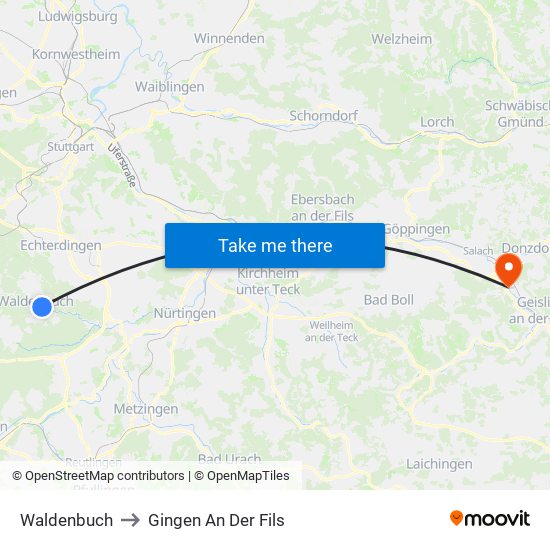 Waldenbuch to Gingen An Der Fils map