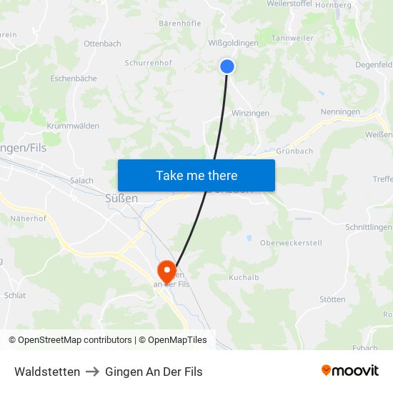 Waldstetten to Gingen An Der Fils map