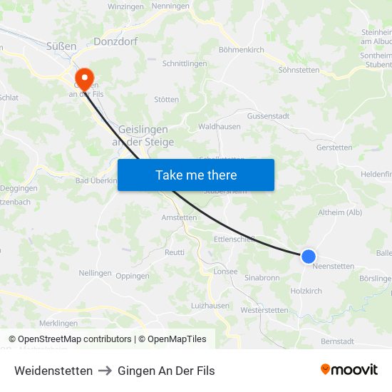 Weidenstetten to Gingen An Der Fils map