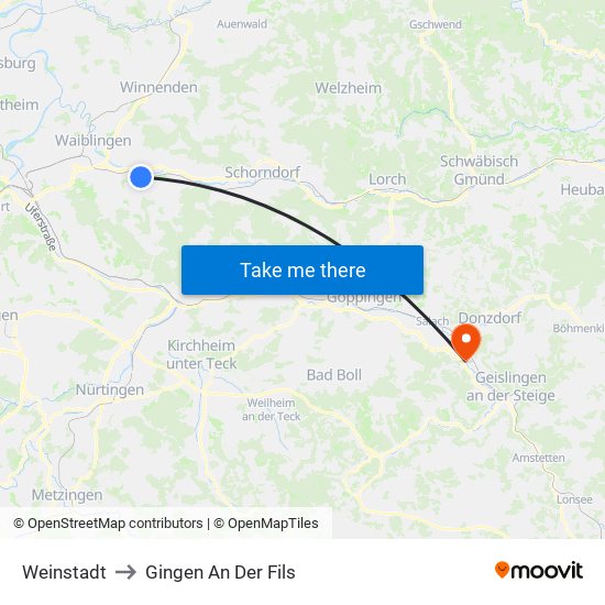 Weinstadt to Gingen An Der Fils map