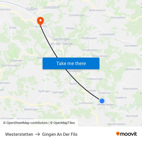 Westerstetten to Gingen An Der Fils map