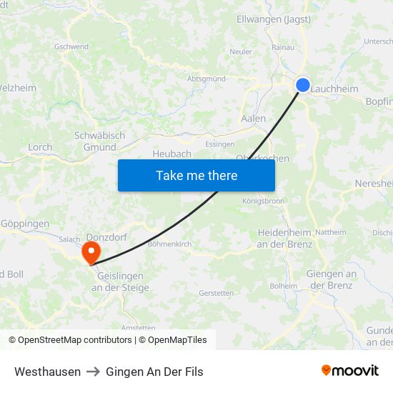 Westhausen to Gingen An Der Fils map