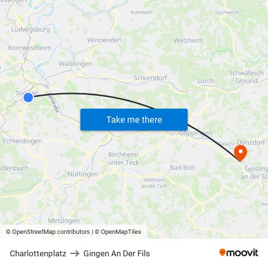 Charlottenplatz to Gingen An Der Fils map