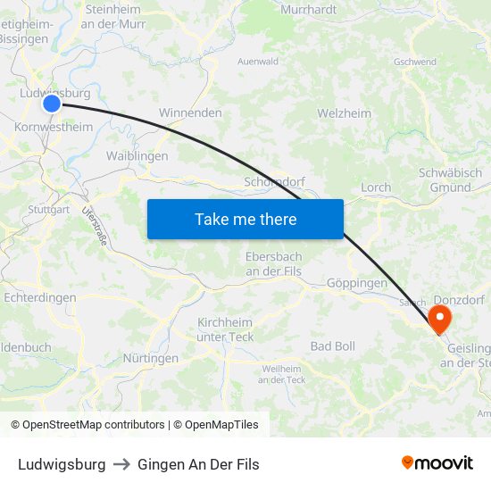 Ludwigsburg to Gingen An Der Fils map