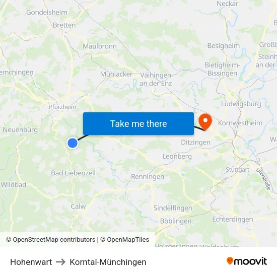 Hohenwart to Korntal-Münchingen map