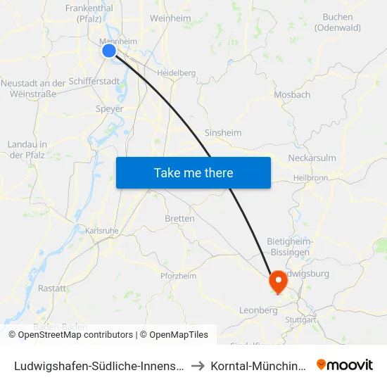 Ludwigshafen-Südliche-Innenstadt to Korntal-Münchingen map