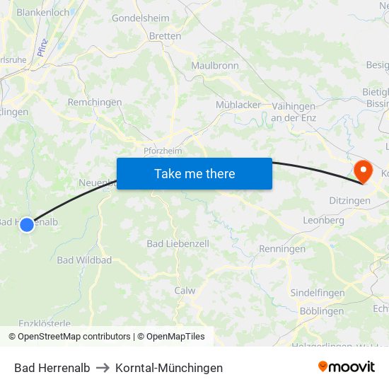 Bad Herrenalb to Korntal-Münchingen map