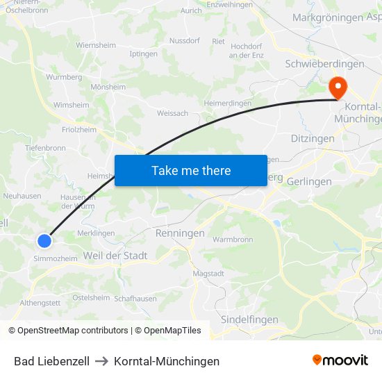 Bad Liebenzell to Korntal-Münchingen map