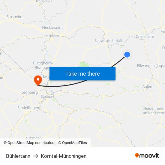 Bühlertann to Korntal-Münchingen map