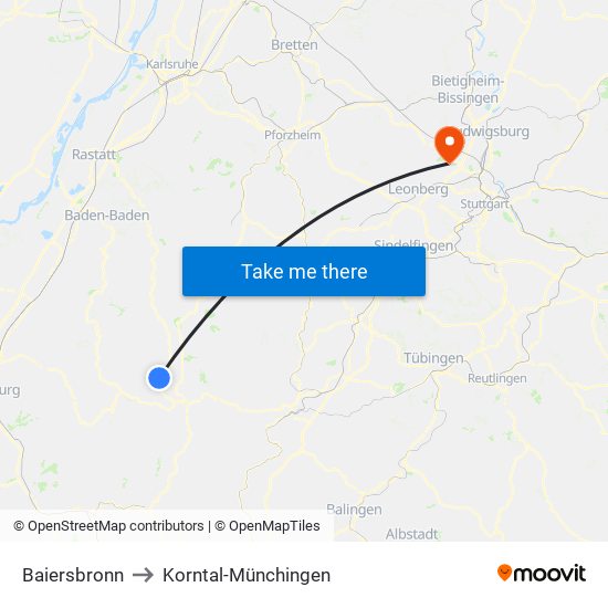 Baiersbronn to Korntal-Münchingen map